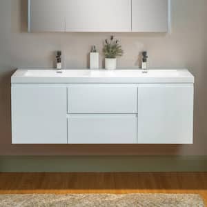 NJ 59 in. W x 19.63 in. D x 22.5 in. H Double Sink Floating Bath Vanity in White with White Resin Top