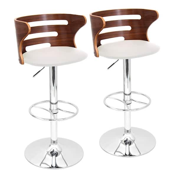 Lumisource Cosi 40.75 in. Adjustable Bar Stool in Cream Faux Leather and Chrome with Walnut Wood (Set of 2)