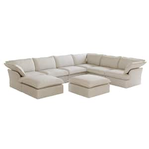 163 in. Flared Arm Fabric U-Shaped 8-Seats Seperable Linen Sectional Sofa with Ottoman in Beige