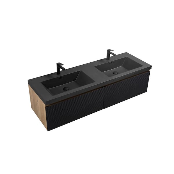 TN 59 in. W x 19.63 in. D Double Sink Floating Bath Vanity in Mature Oak with Matte Black Quartz Top