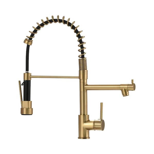 Single Handle Pull Out Sprayer Kitchen Faucet Deckplate Included in Brushed Gold