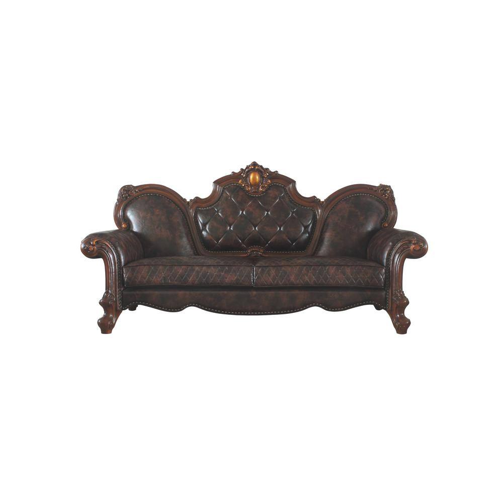 Vintage Cherry Oak Faux Leather Tufted Sofa with Nailhead Trim