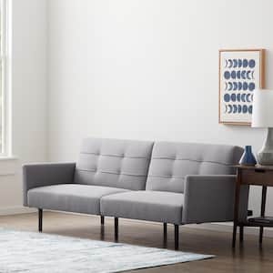 2- Piece Light Gray Linen Futon Chair Sofa Bed with Buttonless Tufting