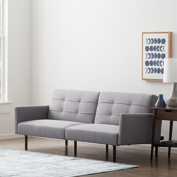 Lucid Comfort Collection 2- Piece Light Gray Linen Futon Chair Sofa Bed with Buttonless Tufting