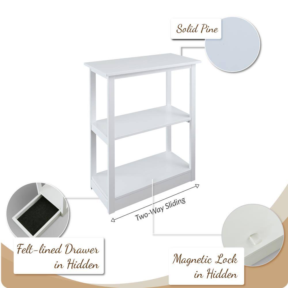 Adams White Solid Pine 3-Shelf Bookcase with Concealed Drawer