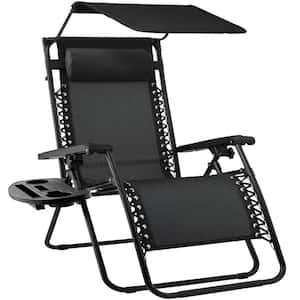 Zero Gravity Folding Reclining Black Fabric Outdoor Lawn Chair w/Canopy Shade, Headrest Tray