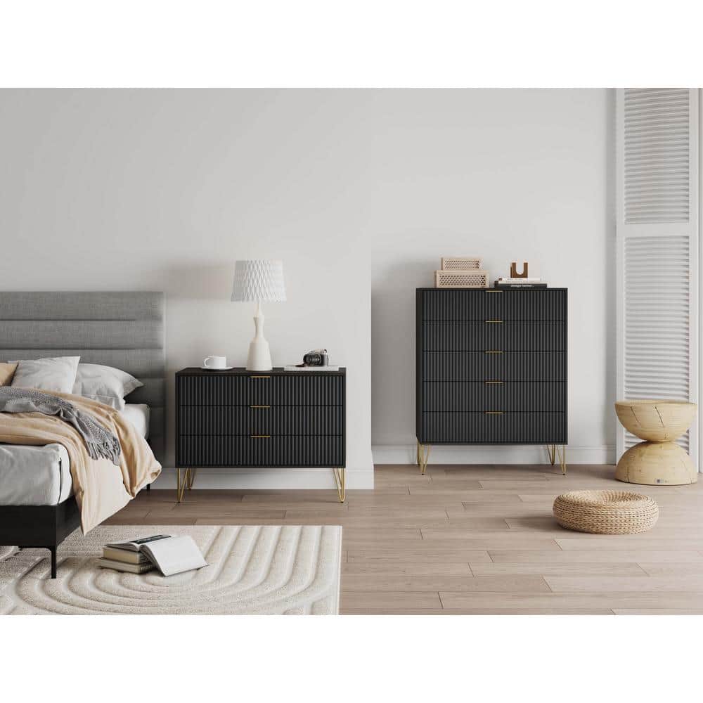 Manhattan Comfort DUMBO Black 5Drawer 35.19 in. Dresser and 3Drawer