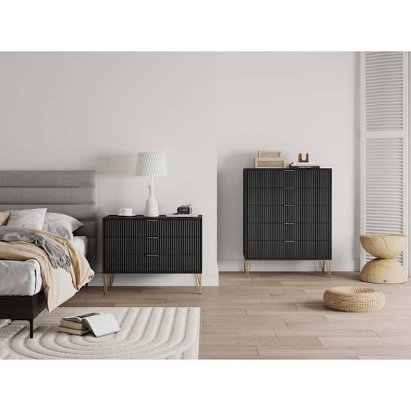 Manhattan Comfort DUMBO Black 5-Drawer 35.19 in. Dresser and 3-Drawer 35.19 in. Dresser with SNAP Tool-Free Assembly