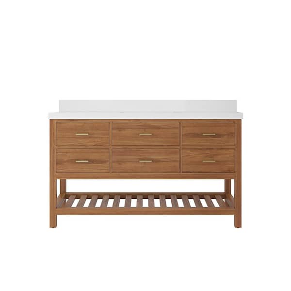 Willow Collections Parker Teak 60 in. W x 22 in. D x 36 in. H Single Sink Bath Vanity in Golden Teak with 2 in. White Quartz Top