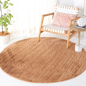 Faux Rabbit Fur Brown 6 ft. x 6 ft. Machine Washable High Low Brown Round Area Rug