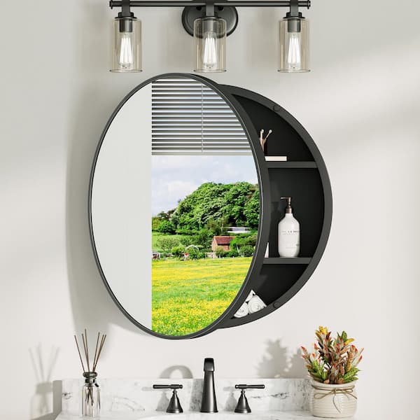 28 in. W x 28 in. H Round Black Metal Framed Surface Mount Medicine Cabinet with Mirror