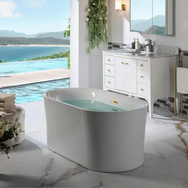 Clifton 59 in. Acrylic Flatbottom Double Ended Bathtub with Brushed Gold Overflow and Drain Included in White