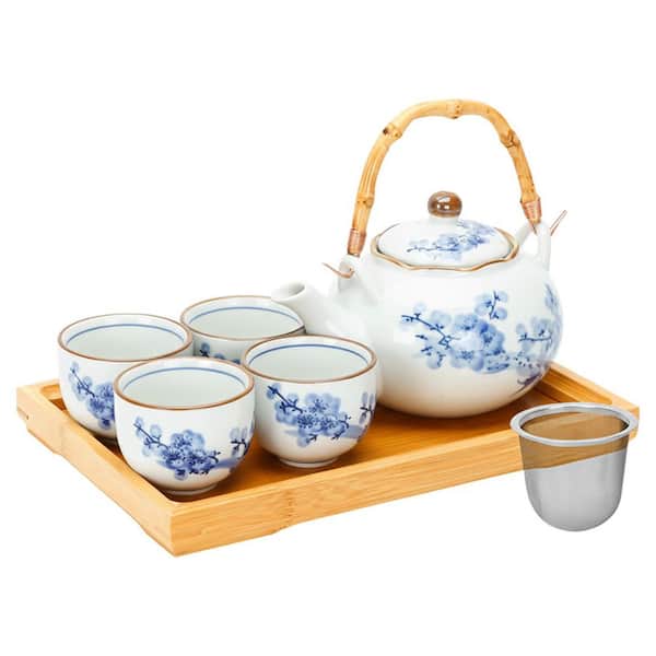 Porcelain Japanese Tea Set w/Plum Blossom Design, Teapot with Stainless Infuser, 4 Tea Cups, Bamboo Tray, Asian Tea Set