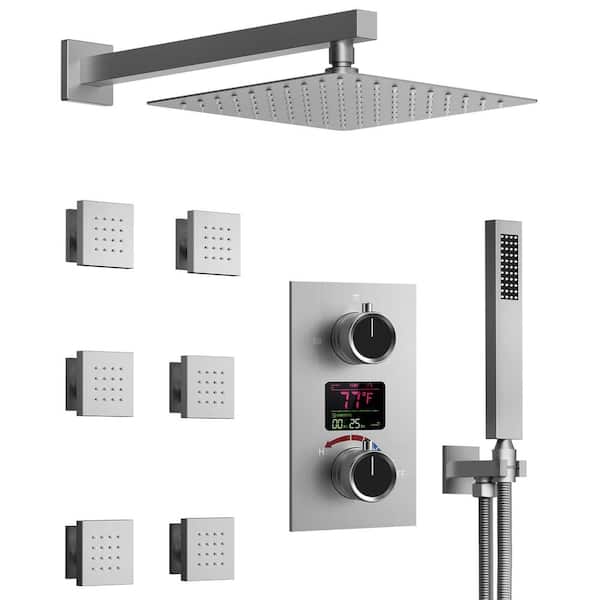 GRANDJOY Pressure Balance Shower 3-Spray Wall Mount 12 in. Fixed and Handheld Shower Head 2.5GPM in Brushed Nickel Valve Included