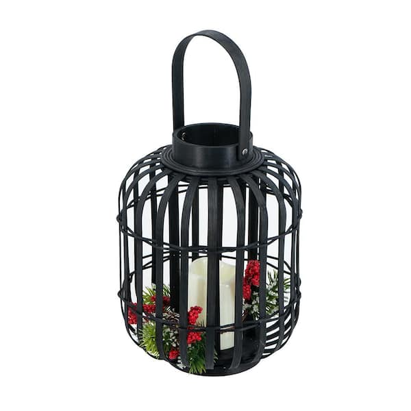 11.5 in. x 9 in. Bamboo Black Small Classic Lantern with White LED Candle, For Bedroom, Living Room