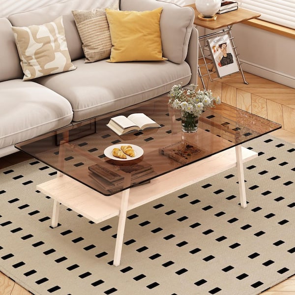 38.58 in. Modern Rectangle Tempered Brown Glass Coffee Table, White Metal Legs & MDF Base for Living Room