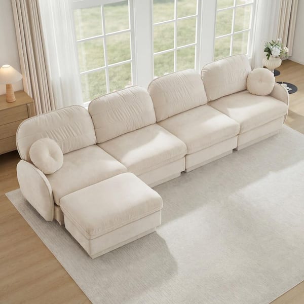 Leslie 137 in. Flared Arm Chenille L-Shaped Sectional Sofa in Cream Beige with Round Pillows, Ottoman