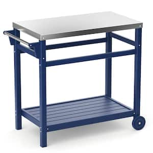 Navy Blue Outdoor Prep Cart Movable Dining Cart Table BBQ Grill Cart