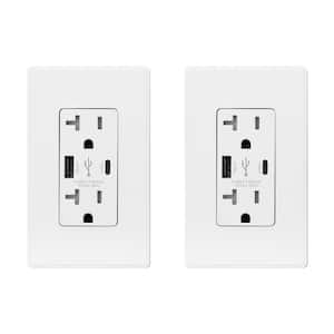 25-Watt 20 Amp Dual Type A and Type C USB Wall Duplex Outlet, Wall Plate Included, White (2-Pack)