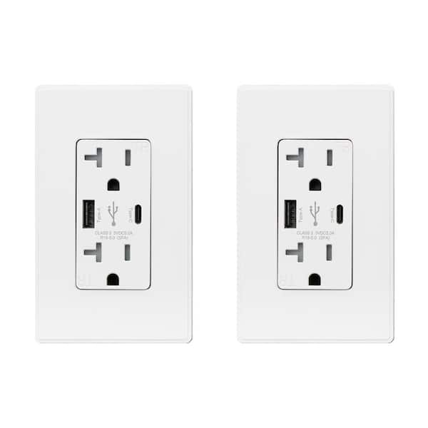 ELEGRP 25-Watt 20 Amp Dual Type A and Type C USB Wall Duplex Outlet, Wall Plate Included, White (2-Pack)