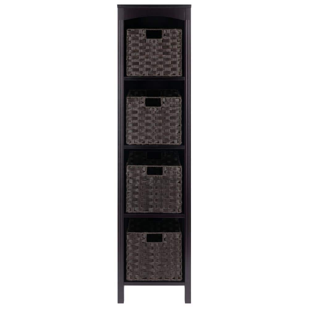 Espresso Solid Wood Terrace Storage Shelf with Chocolate Woven Baskets