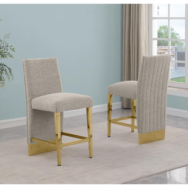Best Quality Furniture Miles 26 in. Grey Color High Back Metal Frame Gold Iron Legs Counter Stool with Boucle Fabric Side Chair (Set of 2)