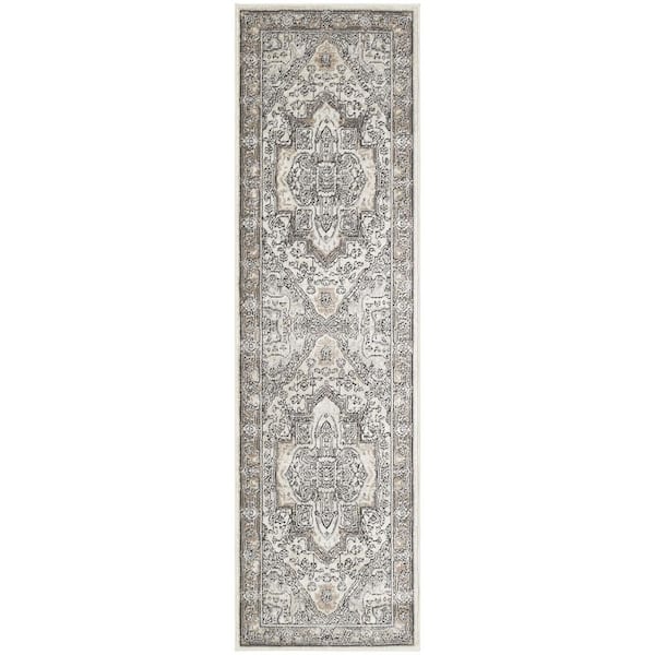 Concerto Ivory Navy 2 ft. x 10 ft. Center medallion Traditional Runner Area Rug