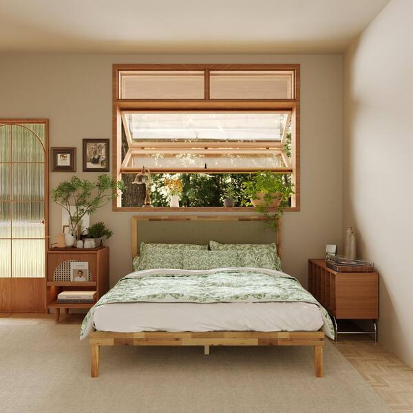 FUFU&GAGA Brown Acacia Wood Frame Queen Panel Bed with Enhanced
