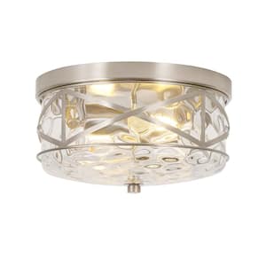 9.8 in. 2-Light Brushed Nickel Flush Mount Glass Ceiling Light with Metal Frame