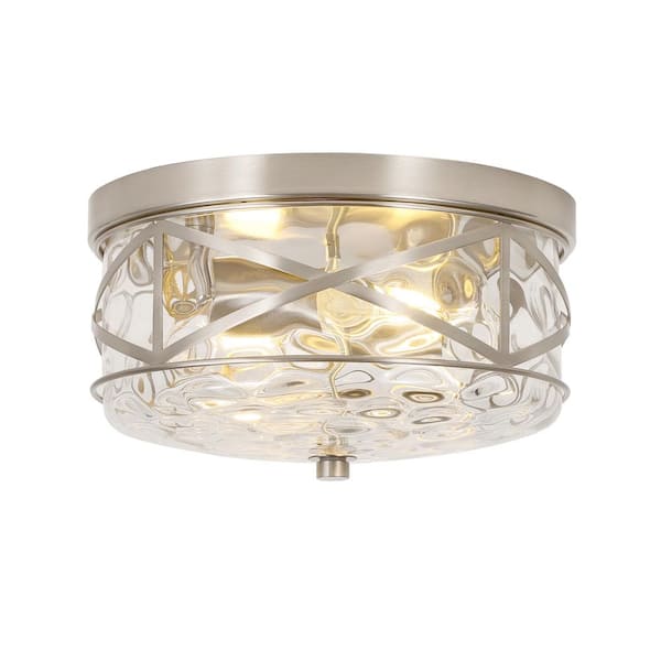 LamQee 9.8 in. 2-Light Brushed Nickel Flush Mount Glass Ceiling Light with Metal Frame