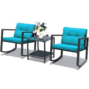 Black 3-Piece Wicker Outdoor Bistro Set with Green Cushions