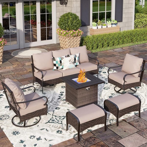 PHI VILLA Black Rattan 6-Piece Steel Outdoor Patio Conversation Set with Beige Cushions & Square Wicker Fire Pit Table