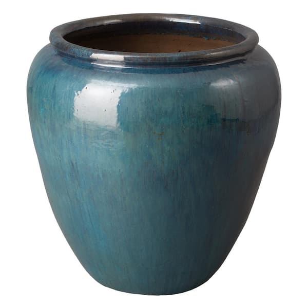 30 in. L x 30 in. H Teal Ceramic Round Planter with Drainage Hole