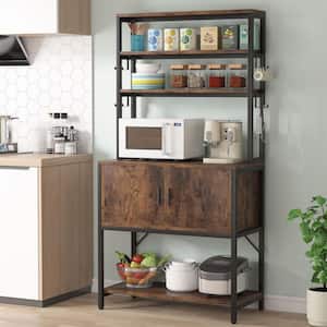 Keenyah Rustic Brown Kitchen Baker's Rack with Hutch 5-Tier Kitchen Storage Shelf with Cabinet and Hooks