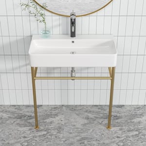 32 in. Ceramic White Single Bowl Console Sink Basin and Gold Leg Combo with Overflow