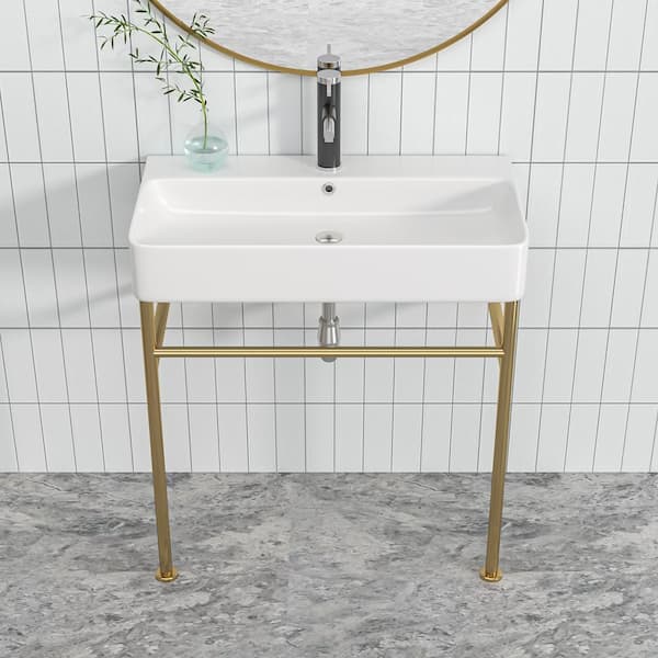 Sarlai 32 in. Ceramic White Single Bowl Console Sink Basin and Gold Leg Combo with Overflow