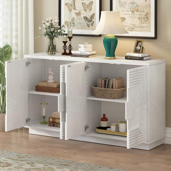 Antique White Wood 60 in. 4-Door Sideboard with Adjustable Shelves and Geometric Pattern for Dining Room