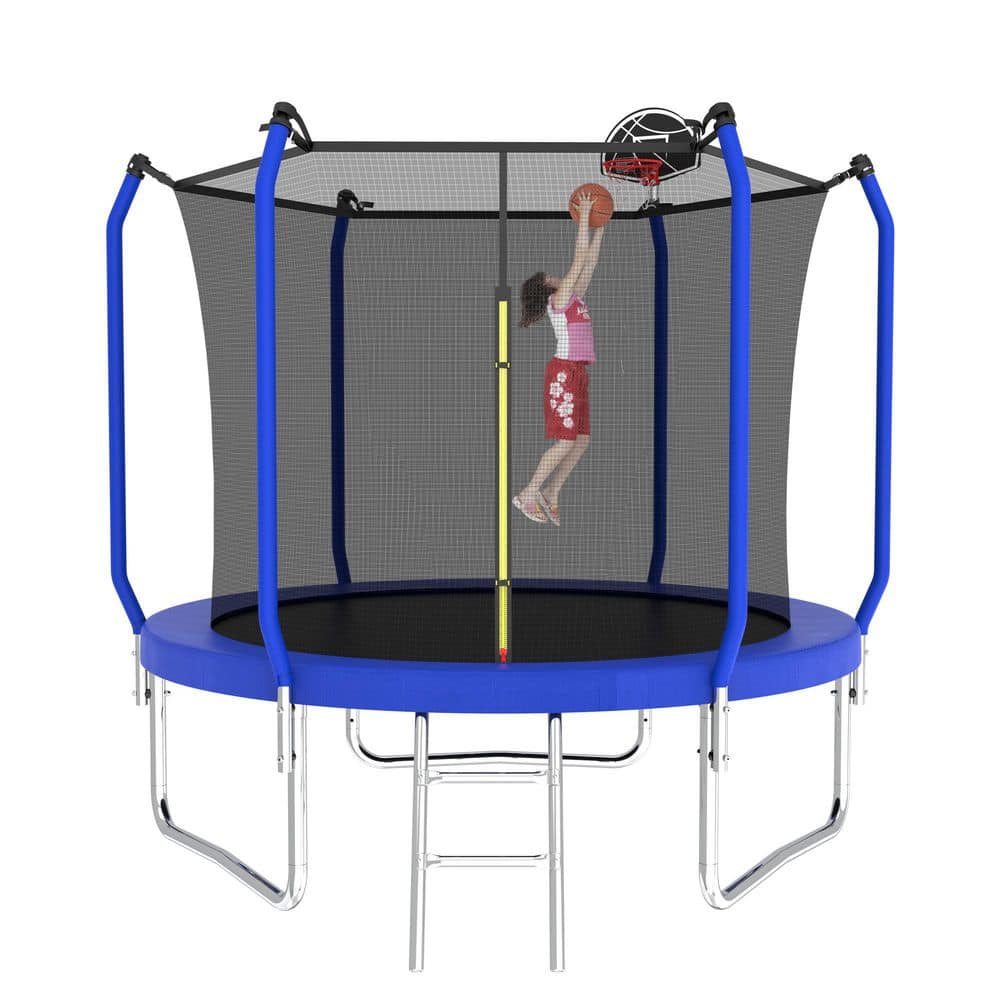Isvalen 10 ft. Outdoor Recreational Trampoline for Kids with Safety Enclosure Net, Ladder and Basketball Hoop, Blue