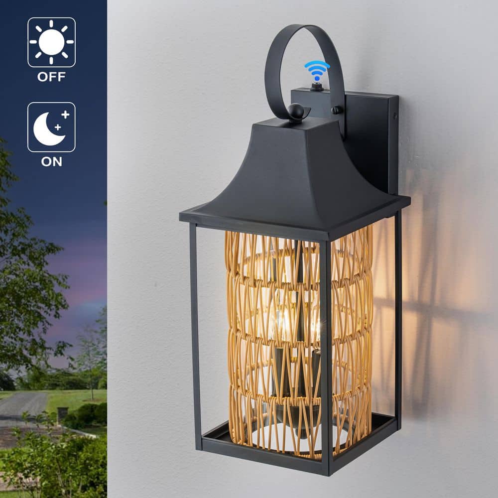 20.5 in. Black 2-Light Dusk to Dawn Outdoor Hardwired Wall Lantern Sconce with Rattan Accent and Glass,No Bulbs Included price history on PriceWatchPro