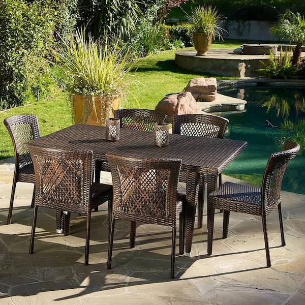 Noble House Dusk Multi-Brown 7-Piece Faux Rattan Outdoor Dining Set