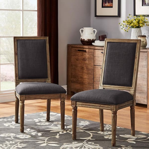 HomeSullivan Brown Finish Dark Grey Rectangular Linen And Wood Dining Chairs (Set of 2)