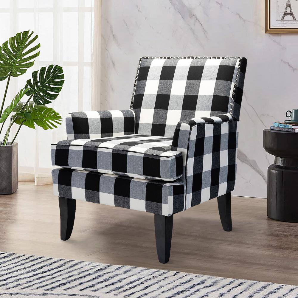 Classic Black Buffalo Plaid Armchair with Nailhead Trim