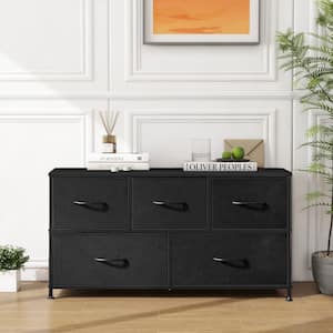 Modern Black 5 Drawer 11.8 in. Wide Chest of Drawers with Fabric Bin, Steel Frame, Wood Top for Bedroom, Entryway