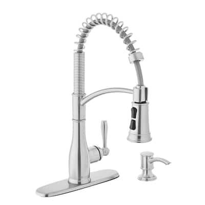 Mandouri Single-Handle Spring Neck Pull-Down Kitchen Faucet with Soap Dispenser in Stainless Steel