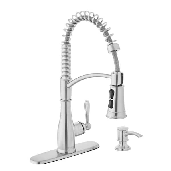 Glacier Bay Mandouri Single Handle Spring Neck Pull Down Sprayer Kitchen Faucet with Soap Dispenser in Stainless Steel