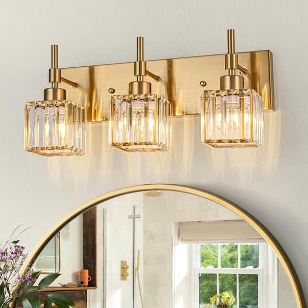 LLHZSY Schonbek 19.3 in. 3-Lights Gold Dimmable Bathroom Vanity Light with Crystal Shades