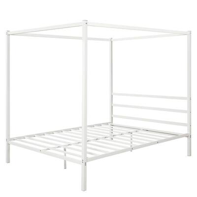 Metal Framed Classic Design Queen White Canopy Platform Bed with Headboard 63 in. W x 73.2 in. H