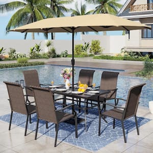 8-Piece Metal Patio Outdoor Dining Set with Beige Umbrella and High-Back Rattan Chairs