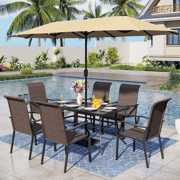 PHI VILLA 8-Piece Metal Patio Outdoor Dining Set with Beige Umbrella and High-Back Rattan Chairs