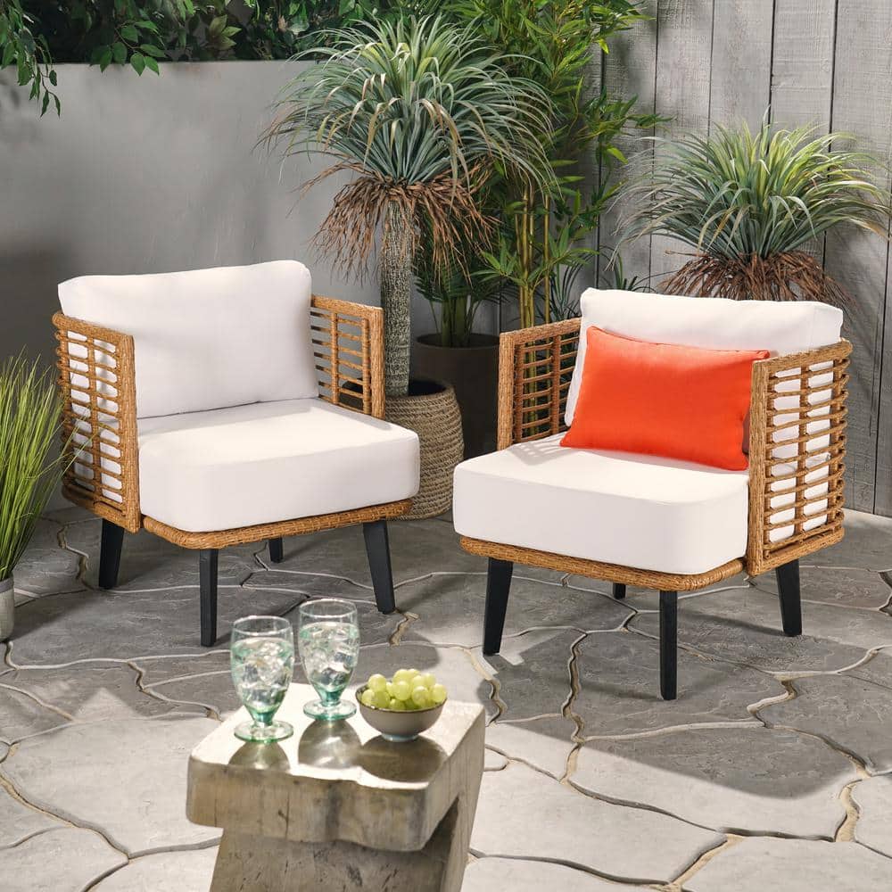 Light Brown Wicker Outdoor Club Chair with White Cushions, Set of 2